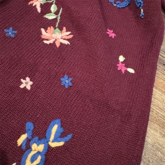 Quacker Factory Floral Embroidered Long Burgundy Cardigan Duster Cottage FLAWS - Picture 4 of 14